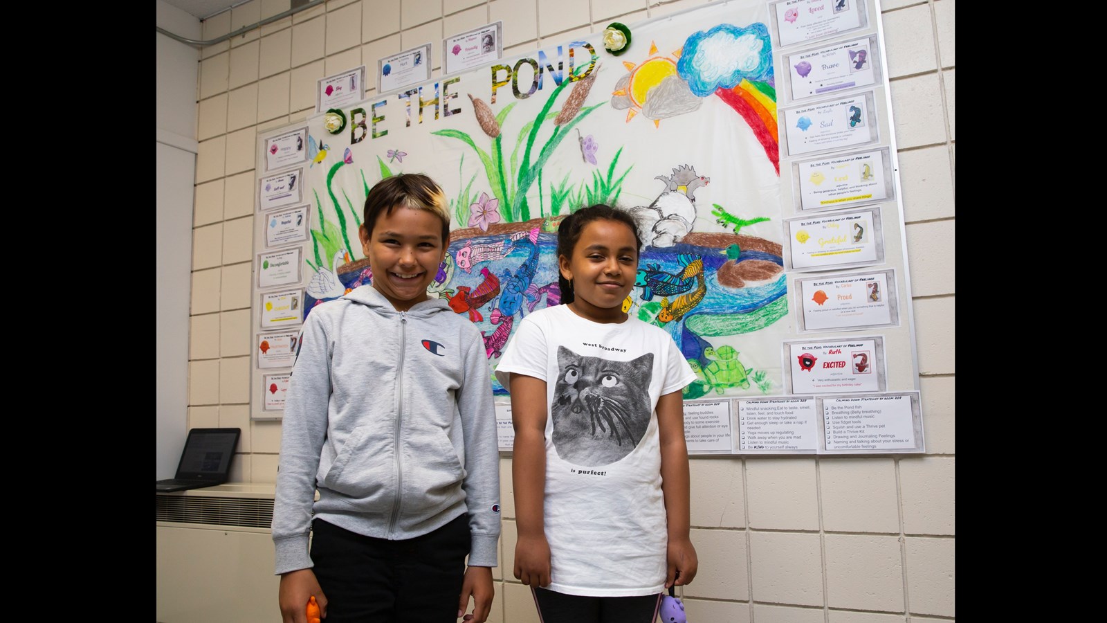 For their hallway bulletin board display, students drew a large pond and populated it with fish that represented different feelings/emotions. Students each chose a fish/feeling to draw and created small vocabulary posters to include in the bulletin board display.